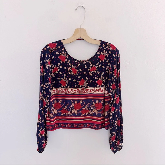 Faithfull The Brand Bohemian Hippie Open Back Long Sleeve Blouse Border Print - Picture 2 of 5